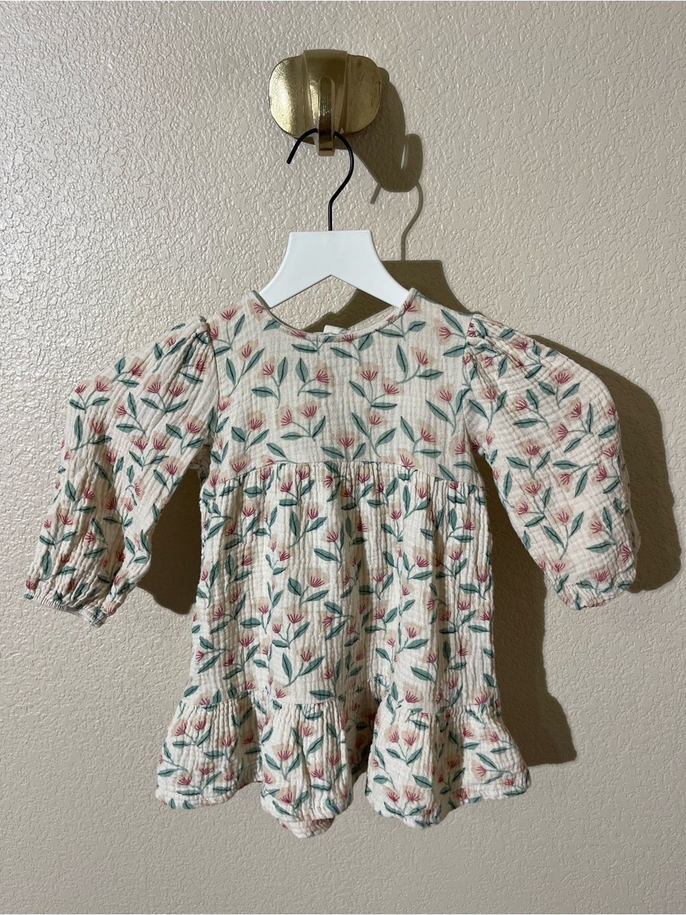 Castro  Cream Floral Long-Sleeve Ruffle Hem Dress with Pink & Green Print